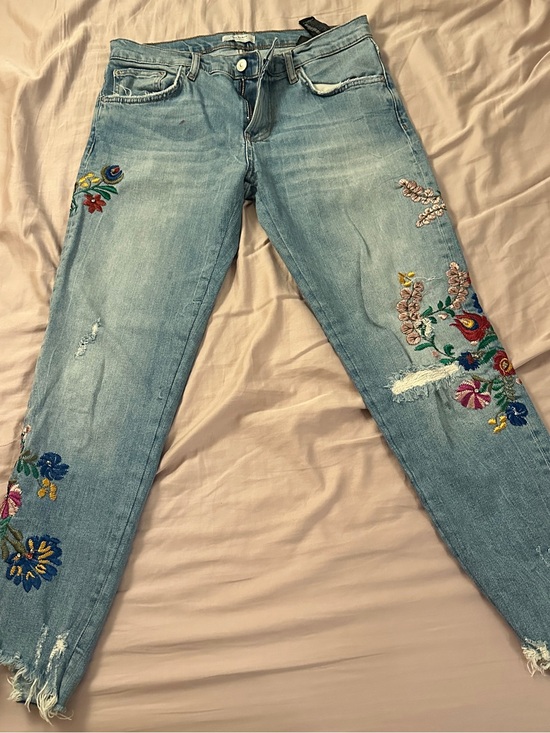 Zara Denim - Zara Worn/Distressed Embroidered Floral Skinny Jeans